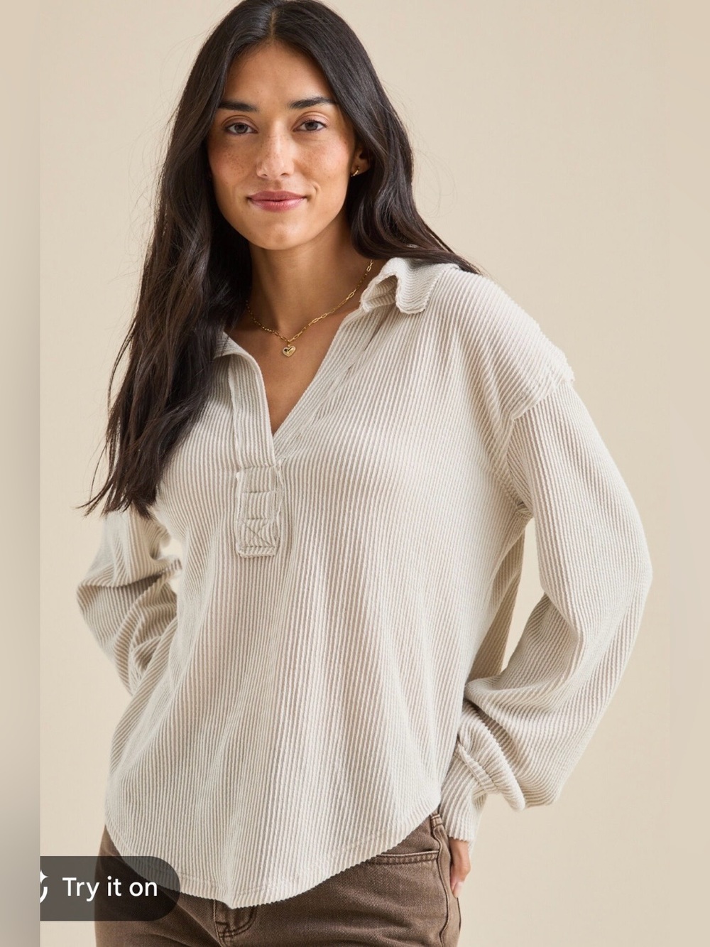 Altar’d State Beige‎ Sofia Ribbed Oversized Collared Top Relaxed Slub Staple